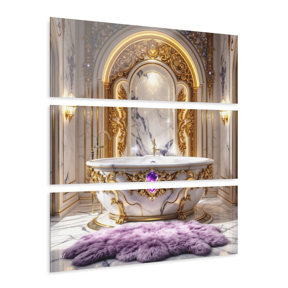 Luxurious Royal Bathroom Triptych Acrylic Print — Gold Marble Bathtub Wall Art